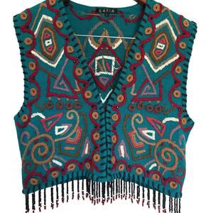 Vintage Knit Vest L Rafia Teal Geometric Beaded Fringe Boho 80s 90s Rare